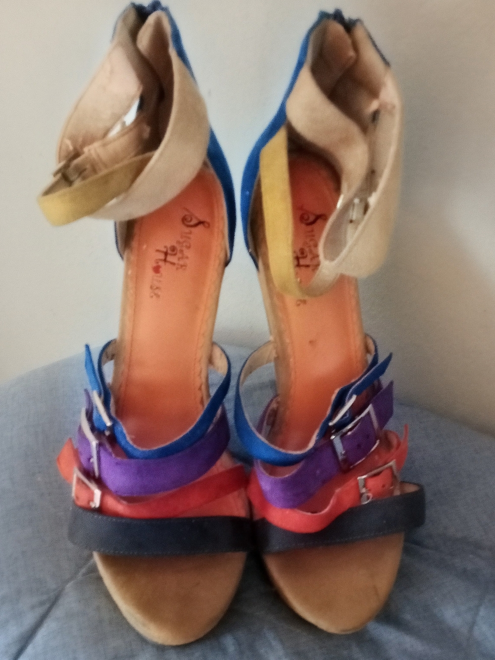 Colorblock Multi-Strap High Heels in Blue, Purple, Red, Tan